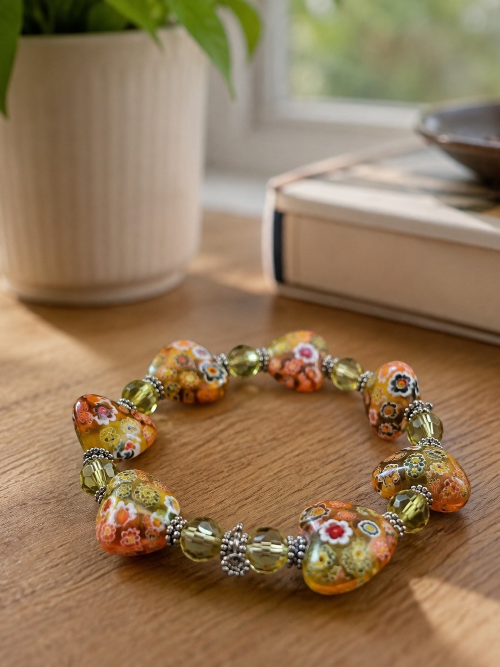 Millefiori Glass Heart Bead Bracelet Floral Orange Yellow Handmade Style